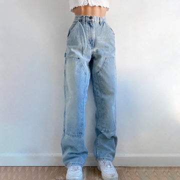 MQTIME  -  Women's Autumn New Casual Straight Denim Pants 2024 Baggy Jeans Mom Fit High Waist Loose Light Blue Jean Pocket Patchwork Female